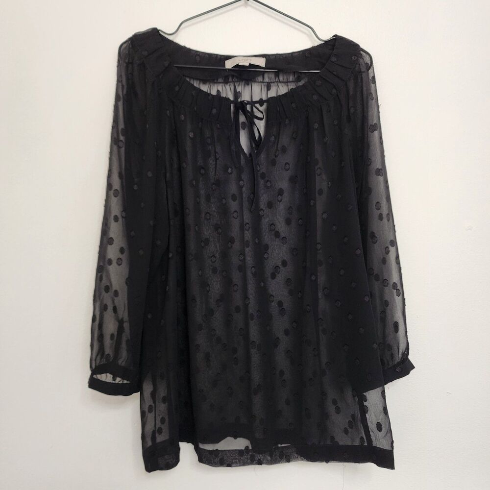 Loft Womens Romantic Witchy Black Gothic Textured Polka Dot Sheer Top Blouse M
